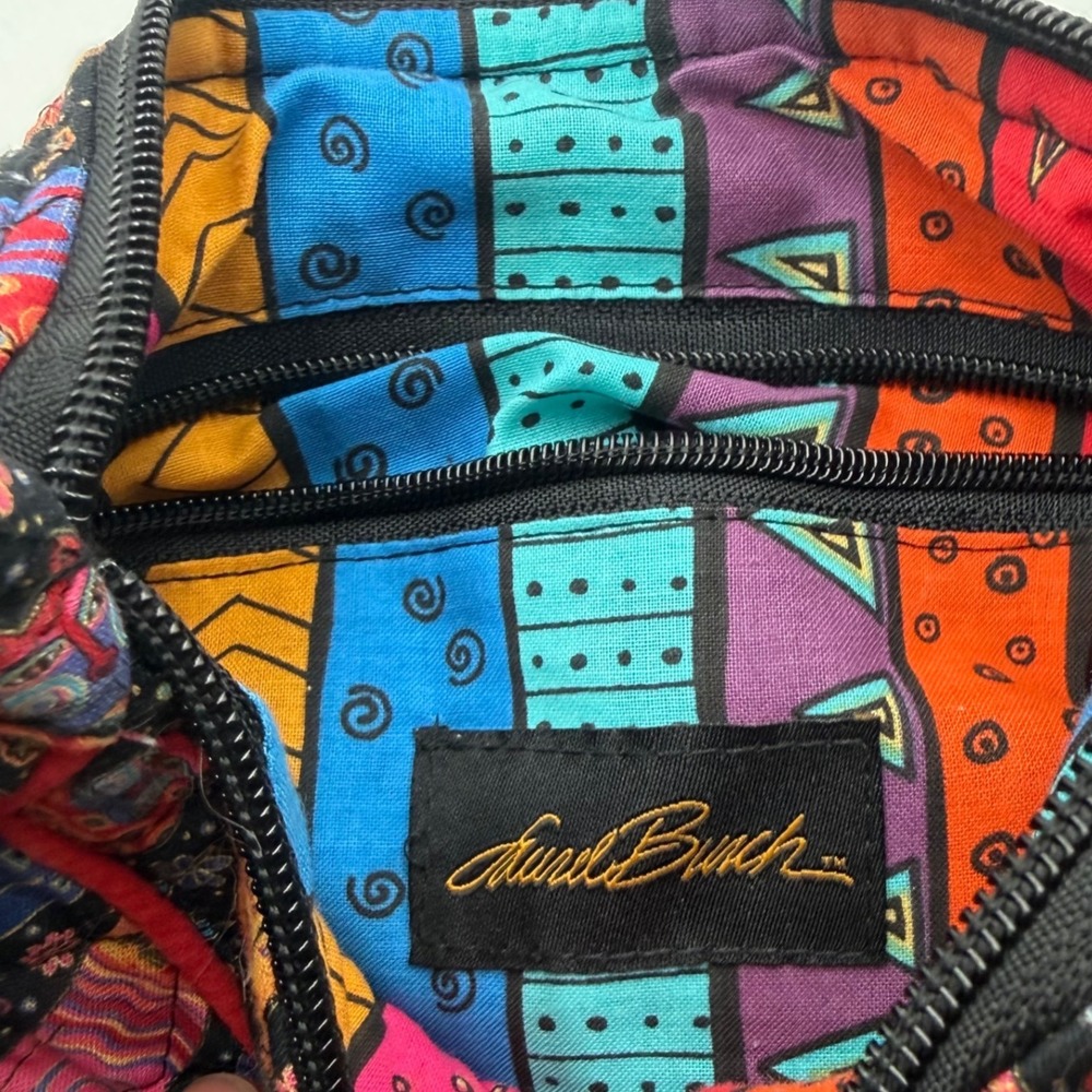Laurel Burch Colorful Cat Print Crossbody Bag Black Multicolor Zip Shoulder - Picture 11 of 11